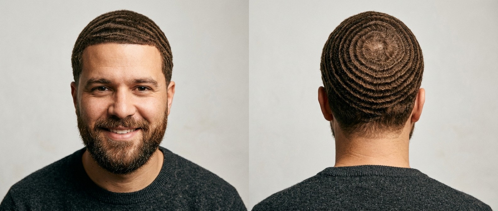 Hombre de piel media con barba completa luciendo 360 waves, line-up a navaja y coronilla perfecta.
