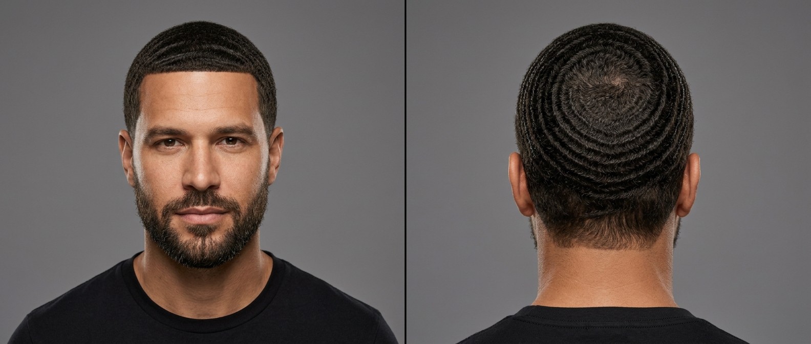 Front and back view of a handsome man with dark brown hair sporting deep 360 waves, a precision front edge-up, and a seamlessly blended short beard.
