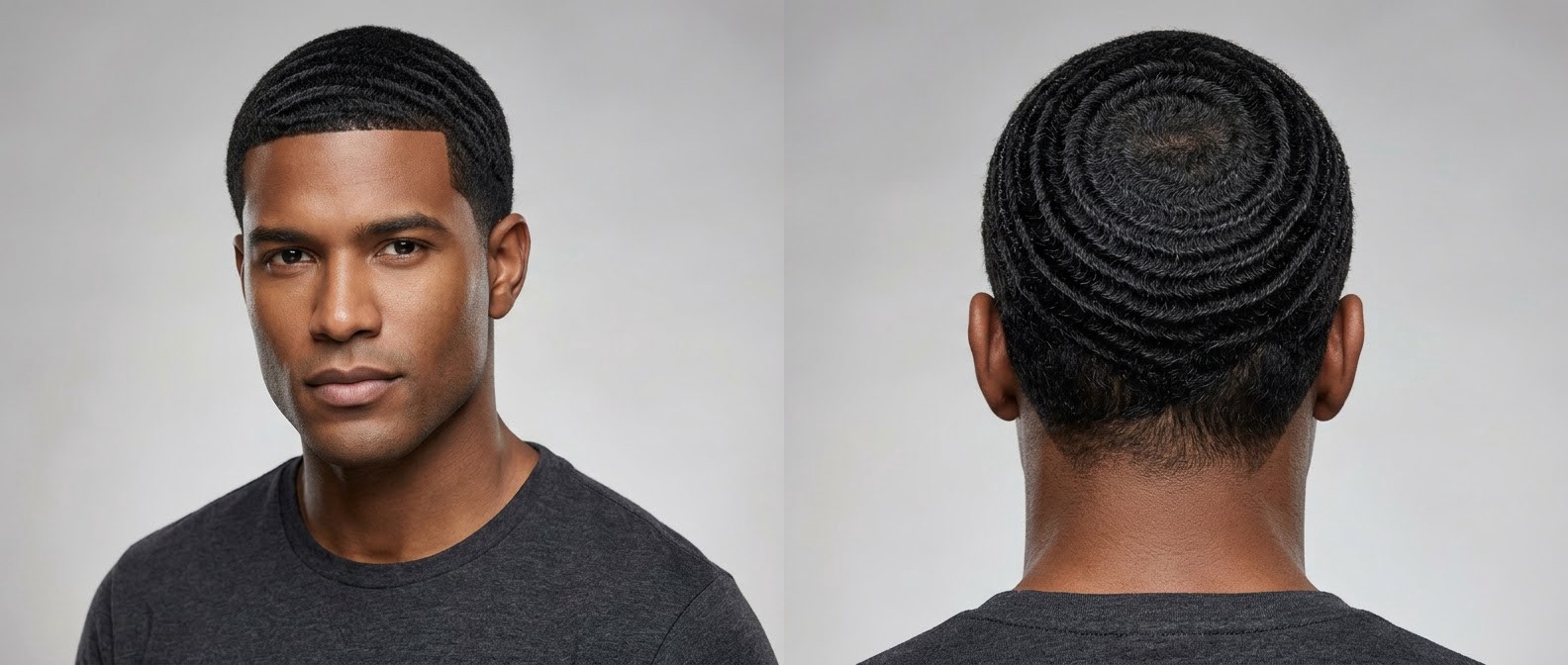 Vue avant et arrière d'un homme aux 360 waves parfaites, avec un shape-up géométrique net et un crown swirl centré.