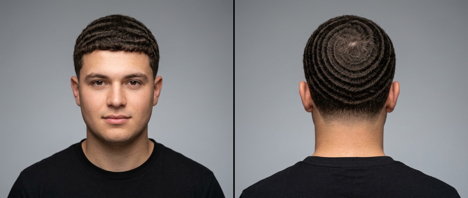 Young man showcasing perfect 360 waves with a sharp front line-up, dark brown hair, and a low nape taper fade, viewed from front and back angles.