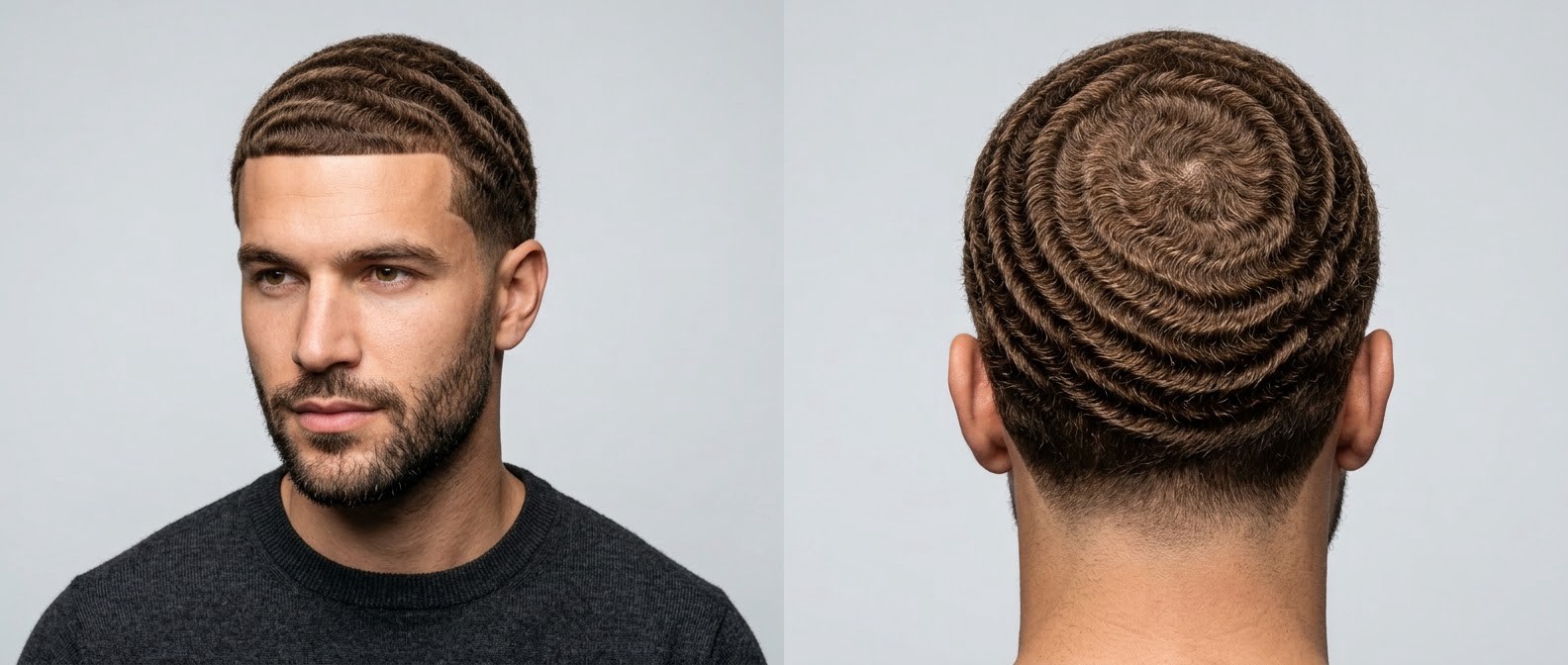 Man with light brown hair styled in deep, flawless 360 waves featuring a perfectly centered crown spiral and a sharp, straight front hairline.