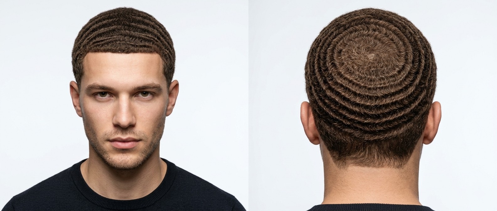 Młody mężczyzna o jasnobrązowych włosach z idealnymi falami 360 waves i precyzyjnym konturem, widok z przodu i z tyłu.