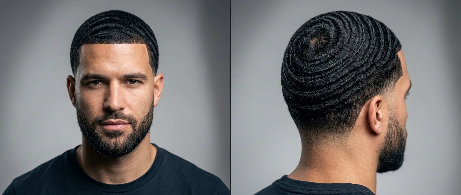 Mężczyzna z perfekcyjną fryzurą 360 waves, ostrym konturowaniem line-up, niskim taper fade i zadbaną brodą.