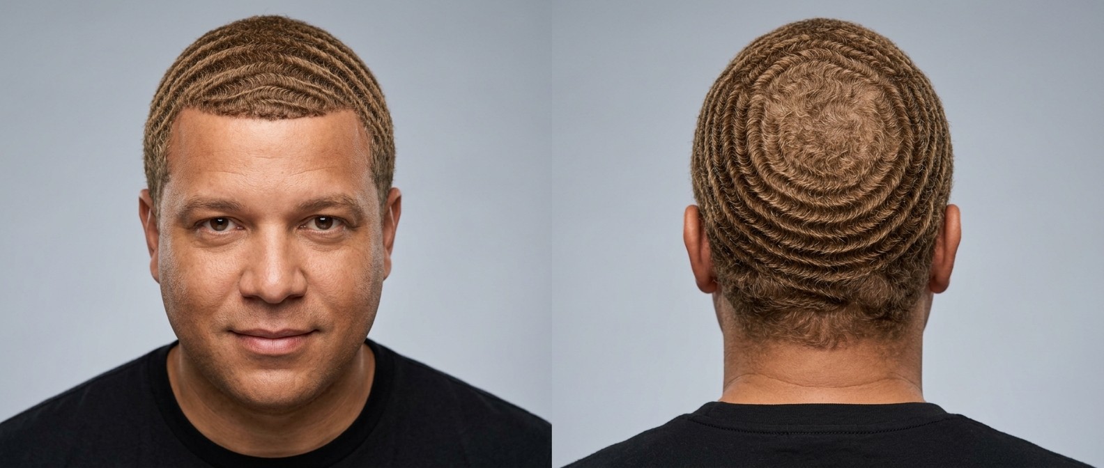 Mężczyzna z jasnobrązowymi włosami ułożonymi w idealne 360 waves z wyraźnym wirem i precyzyjnym edge-upem.