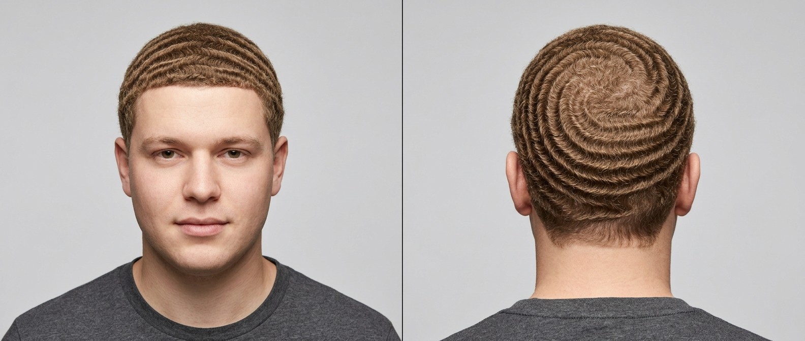 Widok z przodu i z tyłu na mężczyznę z jasnobrązowymi włosami z idealnymi falami 360, ostrym konturem i precyzyjnym wirem na czubku głowy.