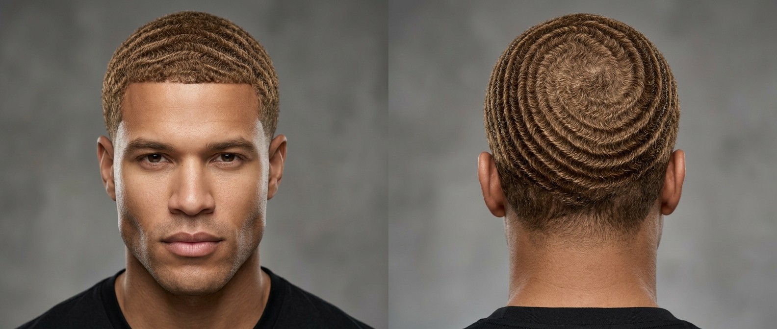 Mężczyzna z kwadratową twarzą i idealnymi falami 360, precyzyjnym konturem i wyrazistym wirem na koronie.