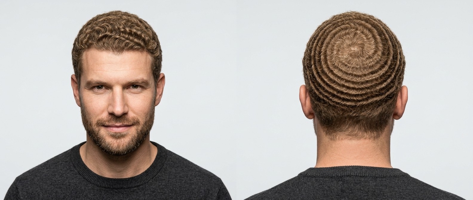 Mężczyzna z jasnobrązowymi włosami z głębokimi falami 360 waves i spiralnym wzorem na koronie oraz krótką brodą.