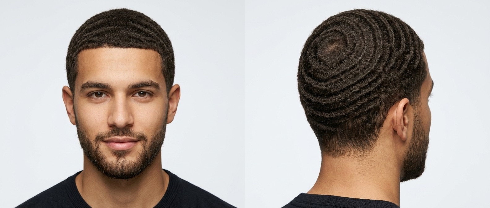 Vorder- und Rückansicht eines jungen Mannes mit ovalem Gesicht und kurzem Bart, der tiefe, perfekt trainierte 360 Waves mit einem scharfen Line-Up zeigt.