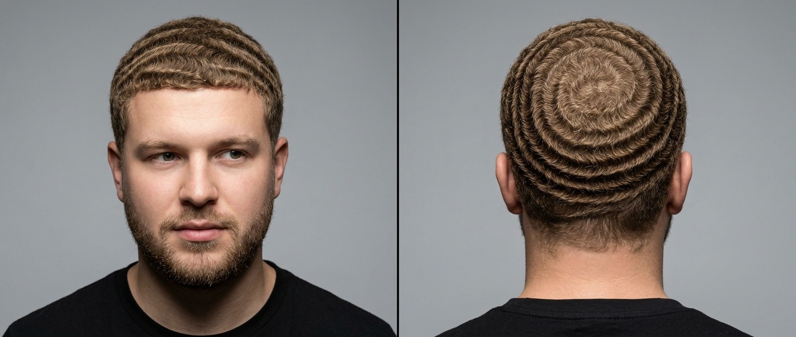 Caucasian man with short beard showcasing perfectly defined light brown 360 waves, featuring a deep spiral crown and sharp front line-up.