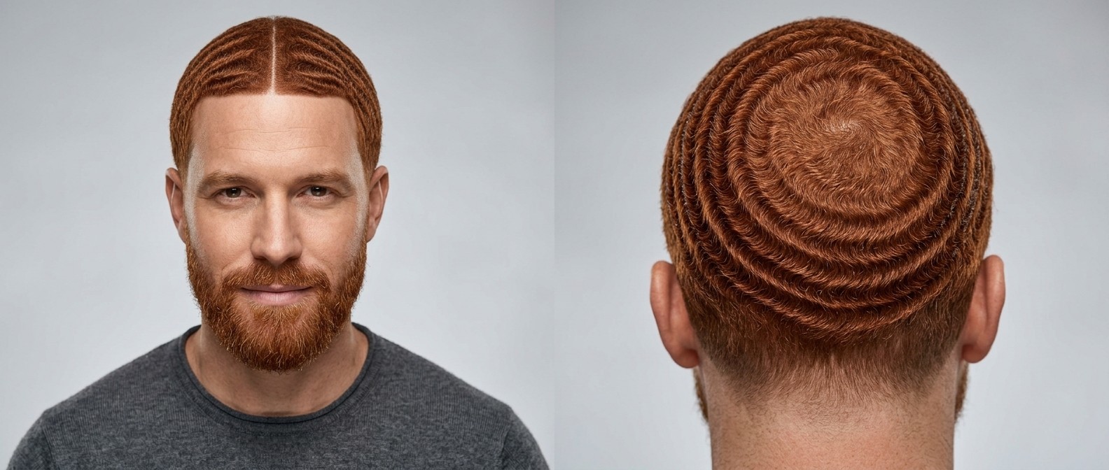 Kaukasischer Mann mit leuchtend roten Haaren, gestylt in 360 Waves mit Mittelscheitel und gepflegtem Vollbart.
