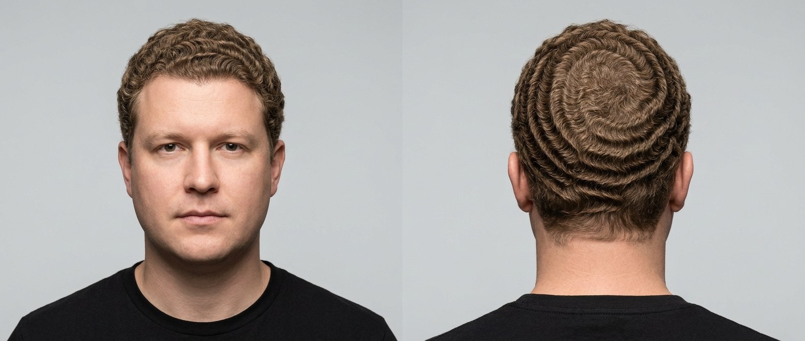 Light-skinned man with light brown hair showcasing a tightly defined 360 waves hairstyle, featuring a distinct crown swirl and a natural soft hairline.