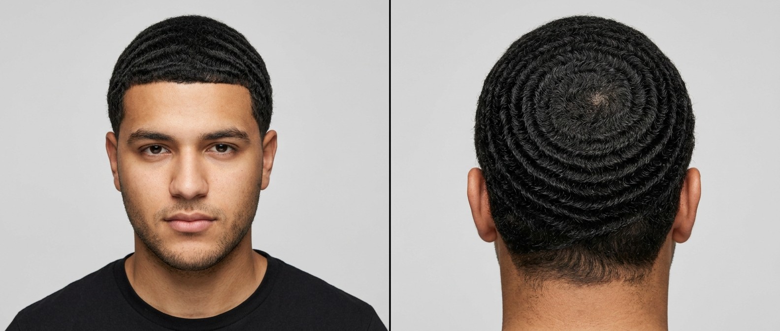 Front and back view of a young man with olive skin and thick black hair styled in perfectly defined 360 waves, featuring a sharp straight line-up.