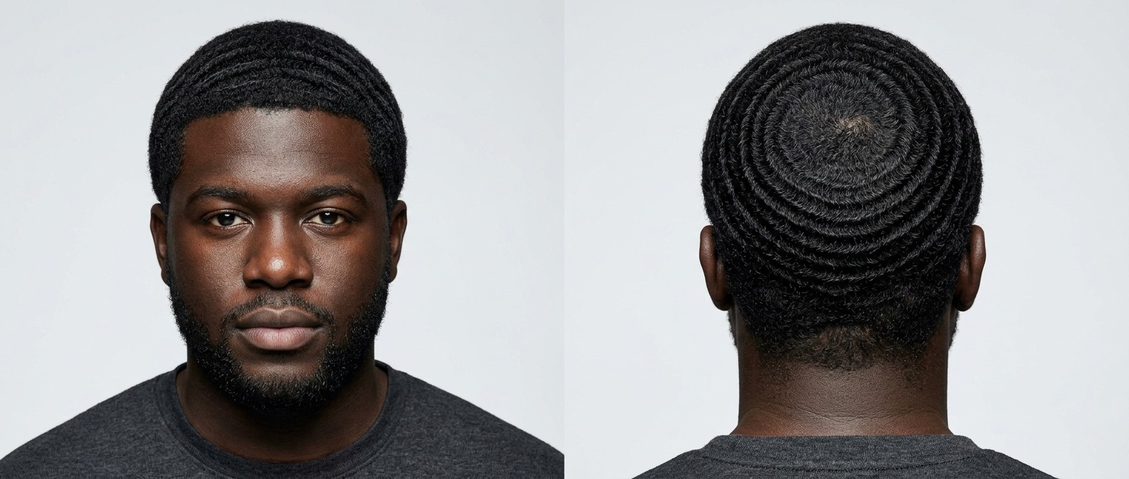 Mężczyzna z perfekcyjnymi falami 360 waves, ostrym edge-upem i zadbaną krótką brodą.