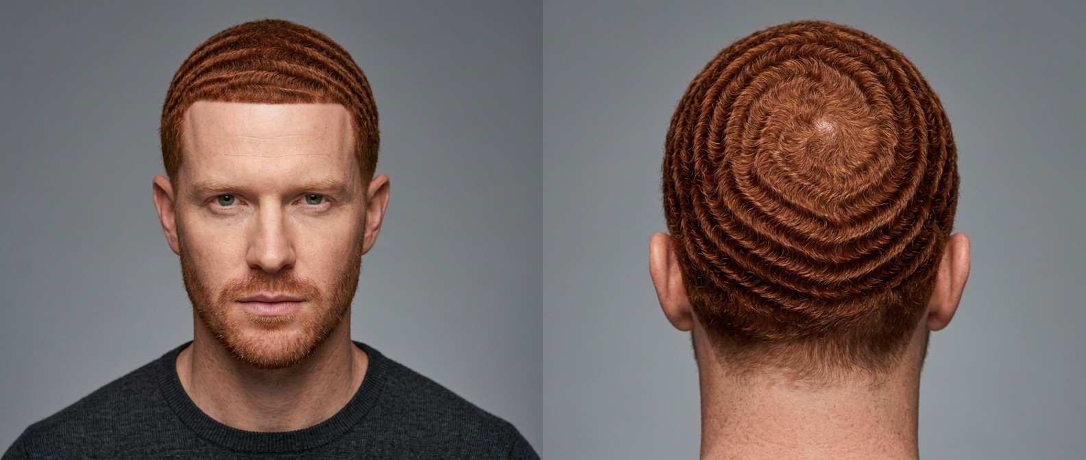 Caucasian man with striking copper red hair styled in flawless 360 waves, featuring a precise front edge-up and a perfect crown swirl.