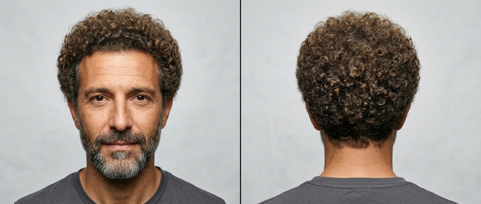 Homem de meia-idade com pele oliva e barba, exibindo um afro cacheado Tipo 3 arredondado, visto de frente e de costas.