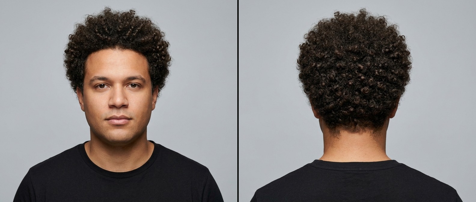 Vue de face et de dos d'un jeune homme avec un afro bouclé mi-long parfaitement arrondi, mettant en valeur des boucles brunes de type 3.