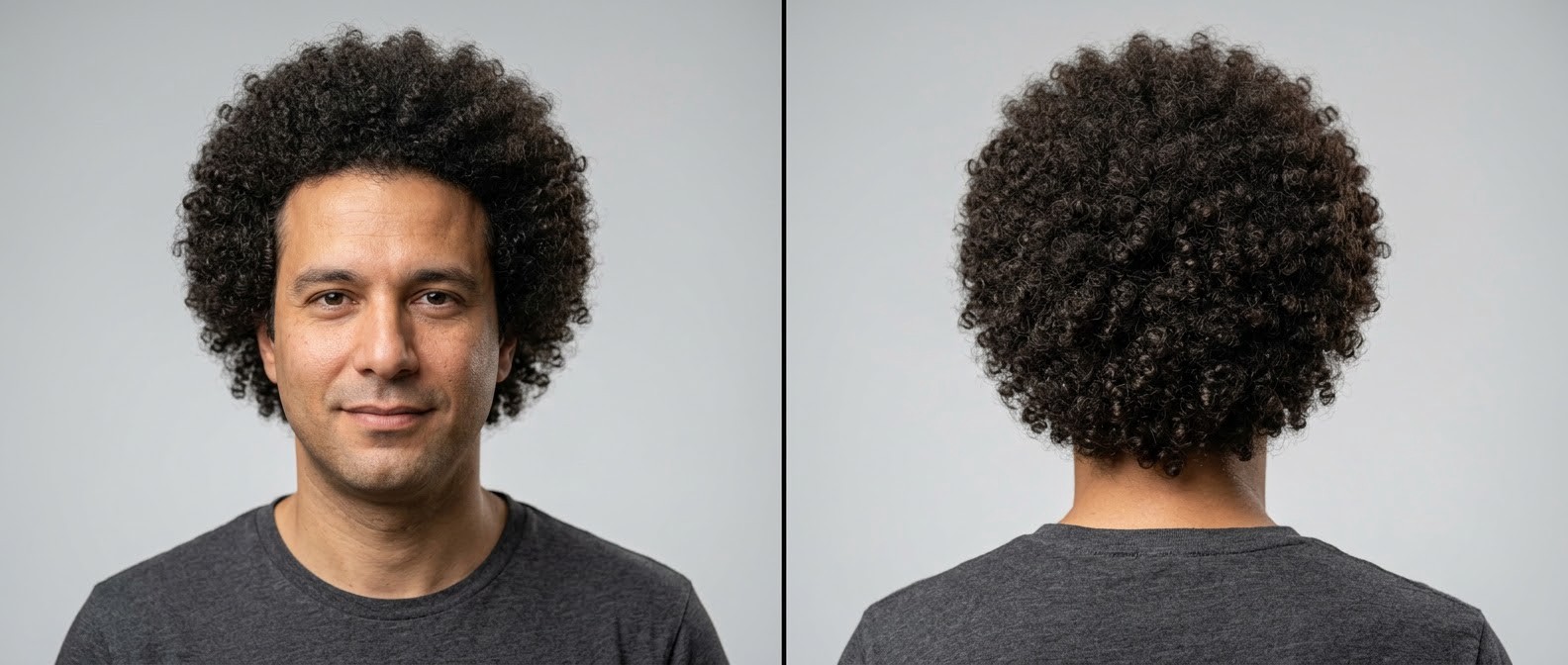 Vista frontal e traseira de um homem de 35 a 45 anos com pele oliva, exibindo um corte afro volumoso e perfeitamente arredondado em cabelo castanho escuro.