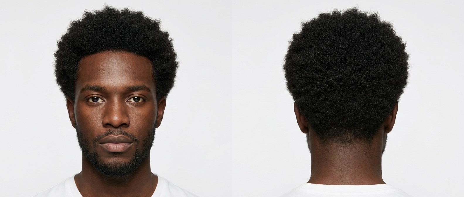 Widok z przodu i z tyłu na młodego czarnoskórego mężczyznę z klasycznym, okrągłym Afro i zadbaną krótką brodą.