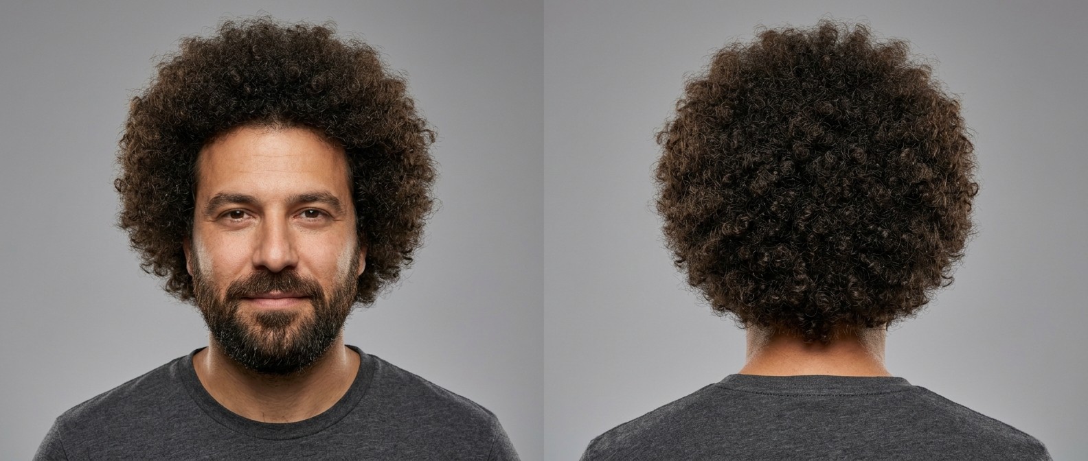 Widok z przodu i z tyłu mężczyzny po 30. roku życia z gęstym, zaokrąglonym afro typu 3 i zadbaną ciemnobrązową brodą.