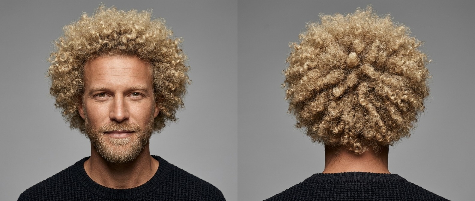 Widok z przodu i z tyłu na 45-letniego mężczyznę z obfitym, blond afro typu 4 i krótką brodą.