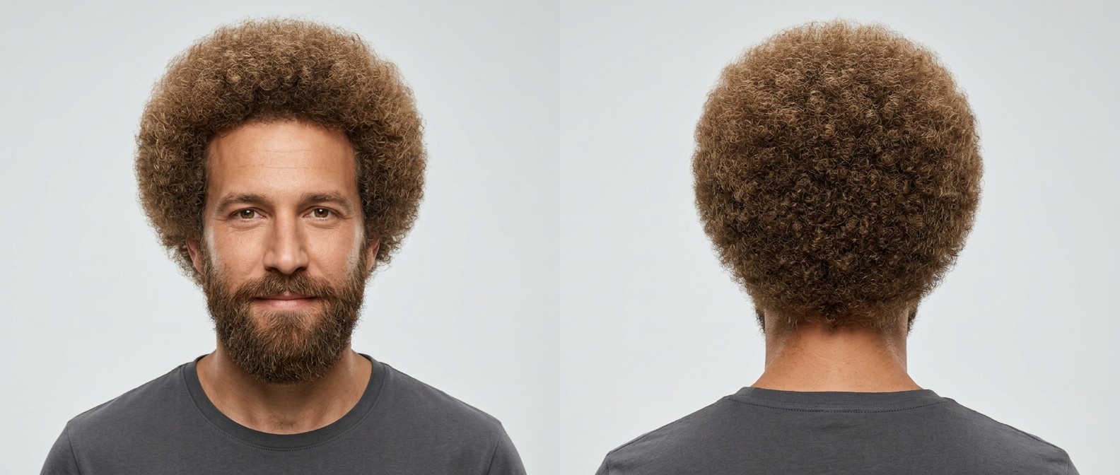 Widok z przodu i z tyłu na mężczyznę z idealnie okrągłym, jasnobrązowym afro i zadbaną brodą.