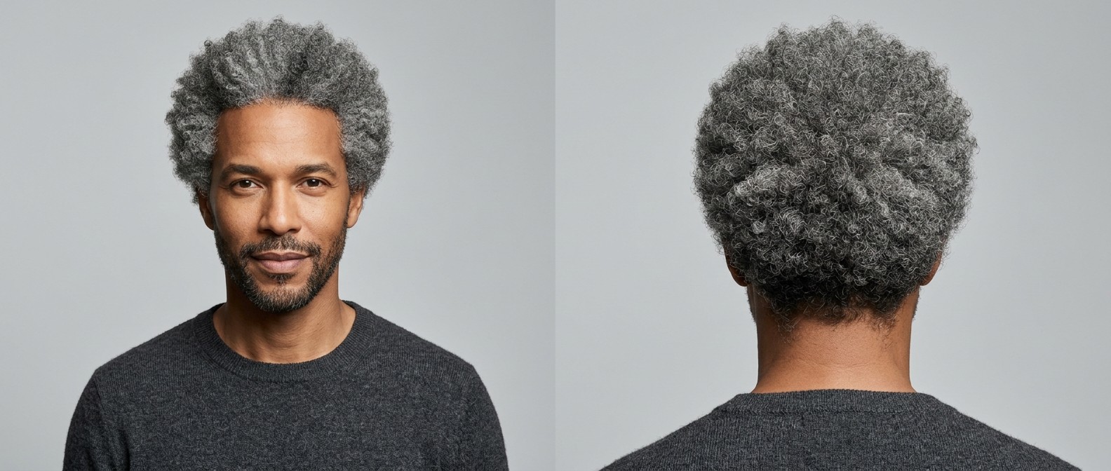 Dojrzały czarnoskóry mężczyzna z obszernym, zaokrąglonym siwym afro i krótką brodą, widok z przodu i z tyłu na szarym tle.