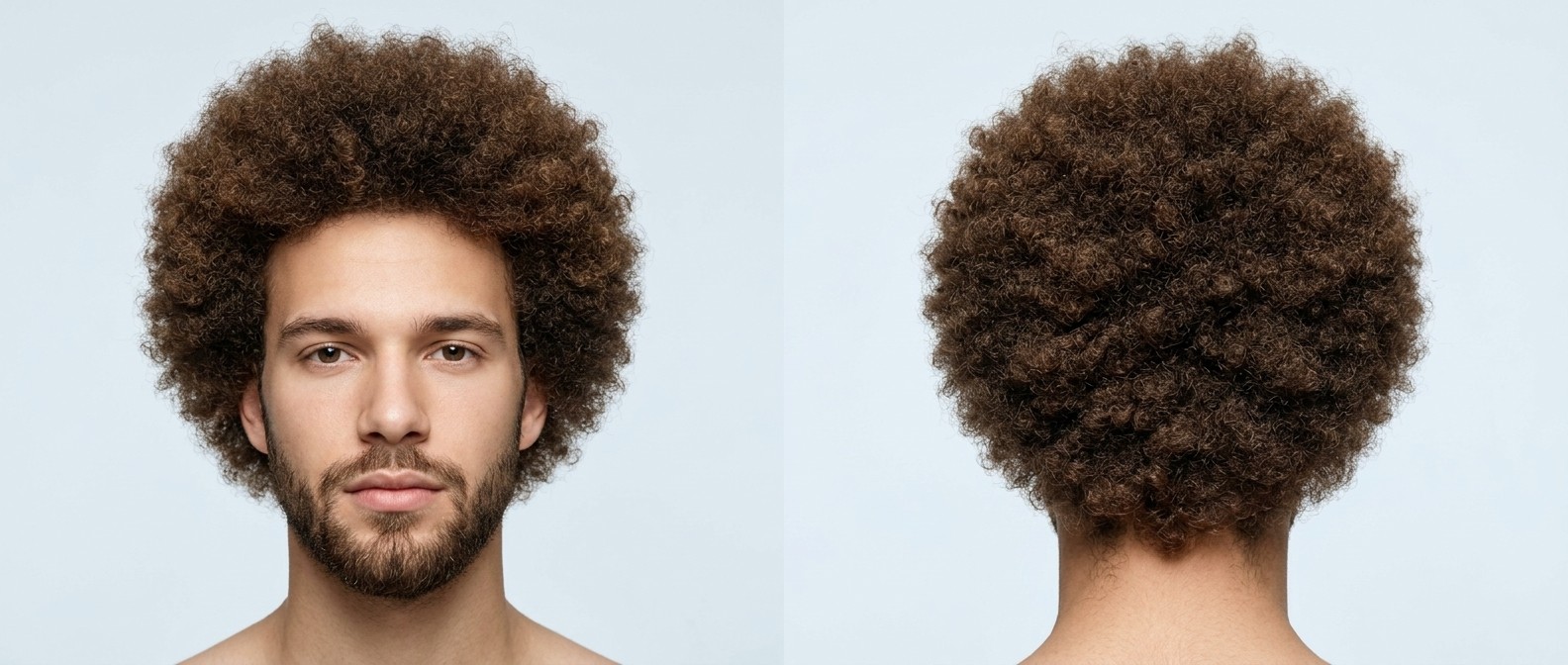 Vorder- und Rückansicht eines jungen Mannes mit klassischem, rundem braunem Afro und gepflegtem Kurzbart, der natürliche Typ-4-Coils präsentiert.