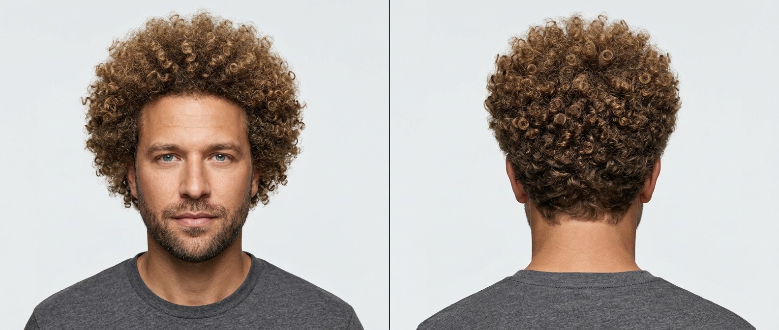 Vorder- und Rückansicht eines Mannes mit voluminösem, perfekt rundem, hellbraunem Afro mit eng definierten, hydratisierten Locken.