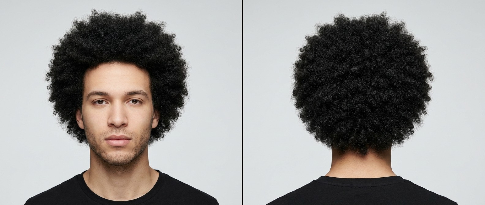 Young man with a stubble beard modeling a perfectly rounded, medium-length Afro with dense, defined Type 4 coils against a grey background.