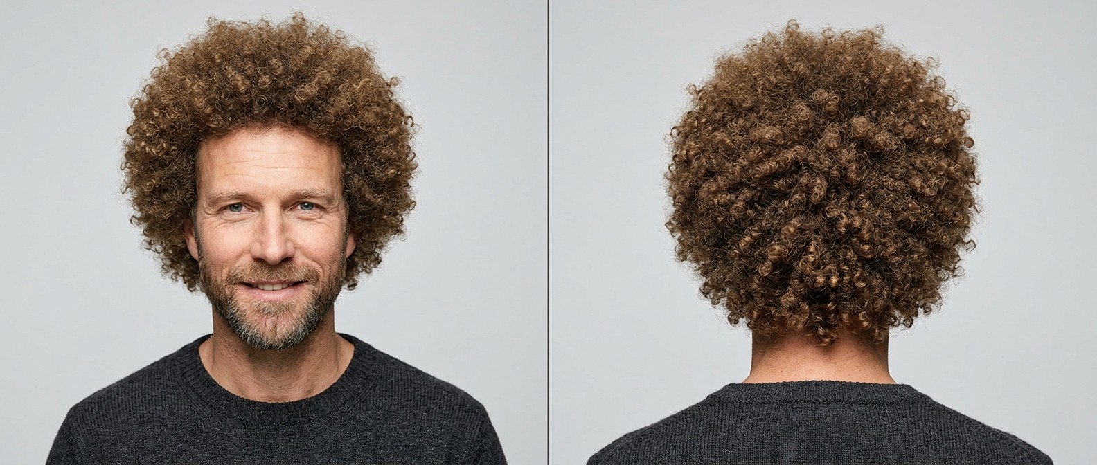 Middle-aged Caucasian man with a perfectly rounded, voluminous light brown Afro hairstyle and a neatly trimmed beard, viewed from the front and back.