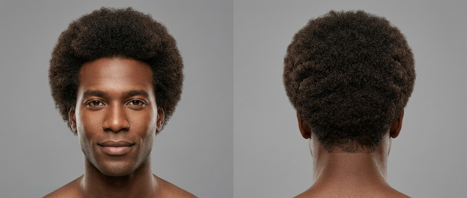 Widok z przodu i z tyłu na czarnoskórego mężczyznę z klasycznym, średniej długości zaokrąglonym Afro z naturalnymi liniami i gęstymi włosami typu 4.