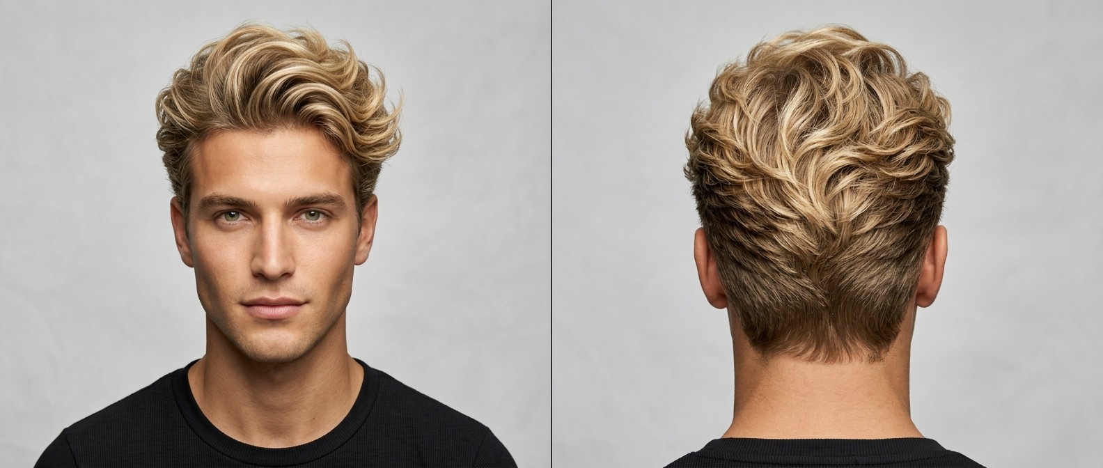 Front and back view of a young man with blonde, thick wavy hair styled in a high-volume swept-back blowout with tapered short sides.