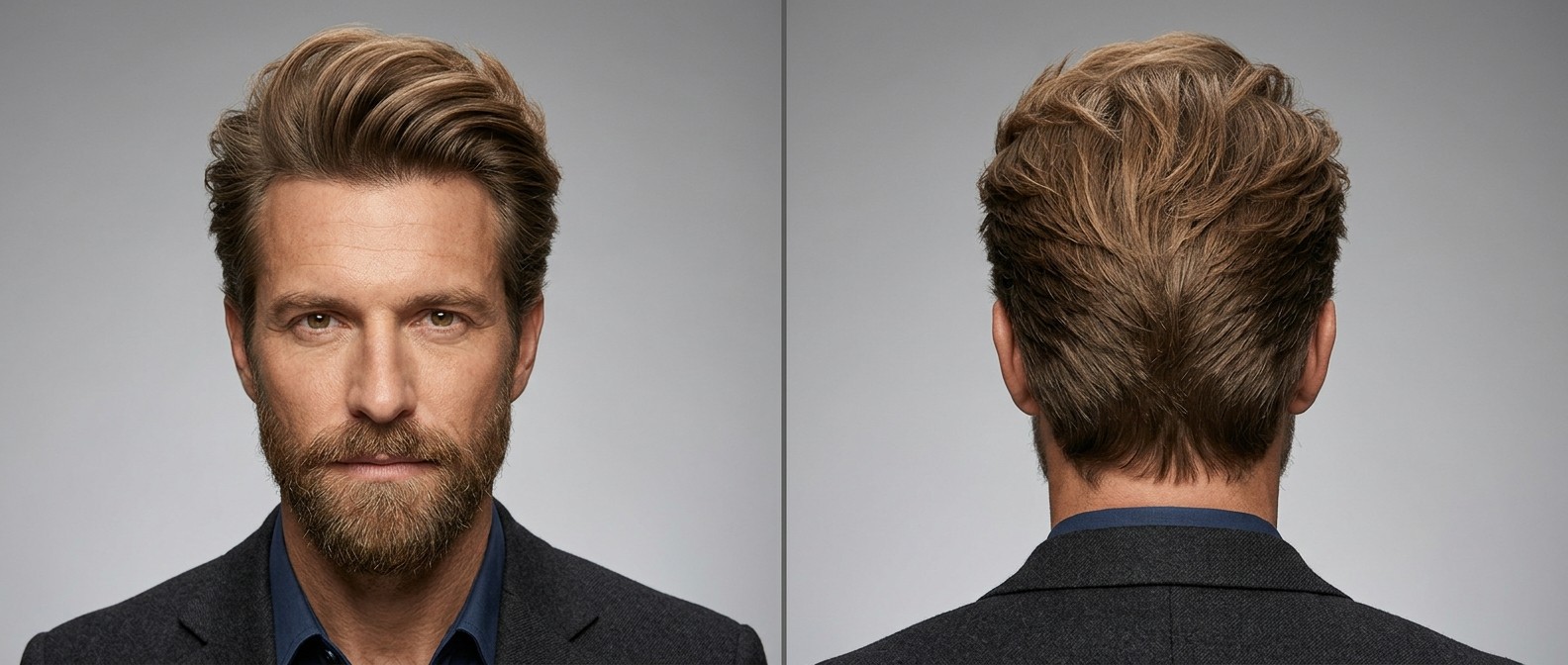 Mature man with a full beard modeling a voluminous swept-back blowout hairstyle, featuring a high textured top and neatly brushed-back sides.