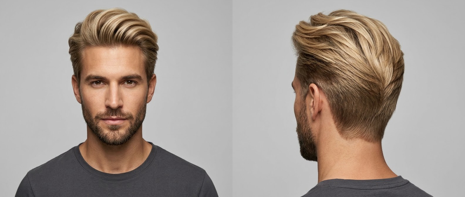 Blonde male model with an oval face and short beard showcasing a voluminous swept-back blowout hairstyle with tapered sides and a V-shaped back.