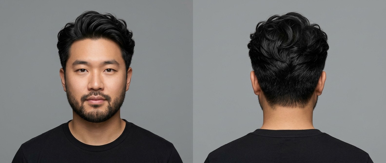 Azjatycki mężczyzna z fryzurą wavy textured blowout, średniej długości włosy zaczesane do tyłu z dużą objętością, cieniowane boki i krótka broda.