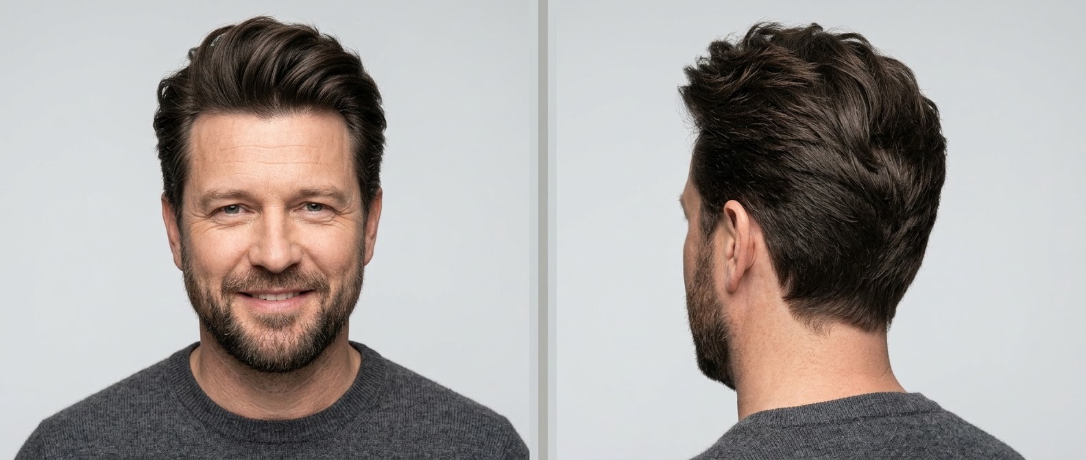 Front and side view of a mature Caucasian man with a short beard modeling a voluminous swept-back blowout hairstyle for thick dark brown hair.