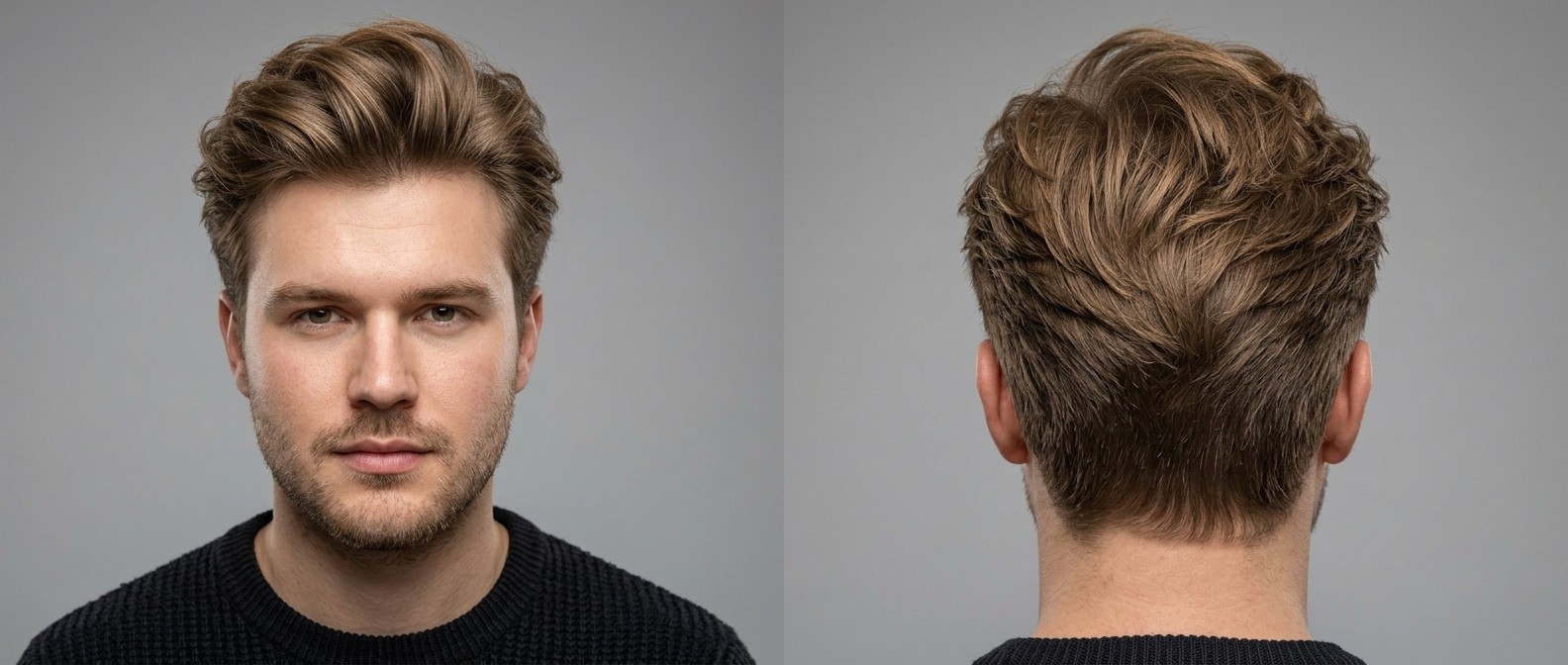 Młody mężczyzna z fryzurą typu blowout, z teksturyzowaną górą, cieniowanymi bokami i warstwowym tyłem w kształcie litery V.