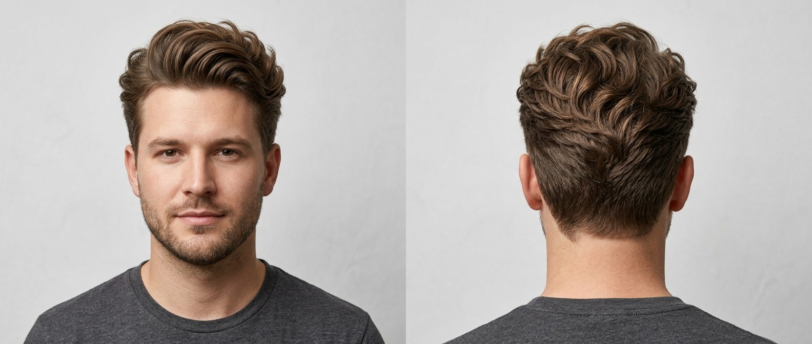 Widok z przodu i z tyłu mężczyzny z fryzurą wavy blowout, cieniowanymi bokami i lekkim zarostem.