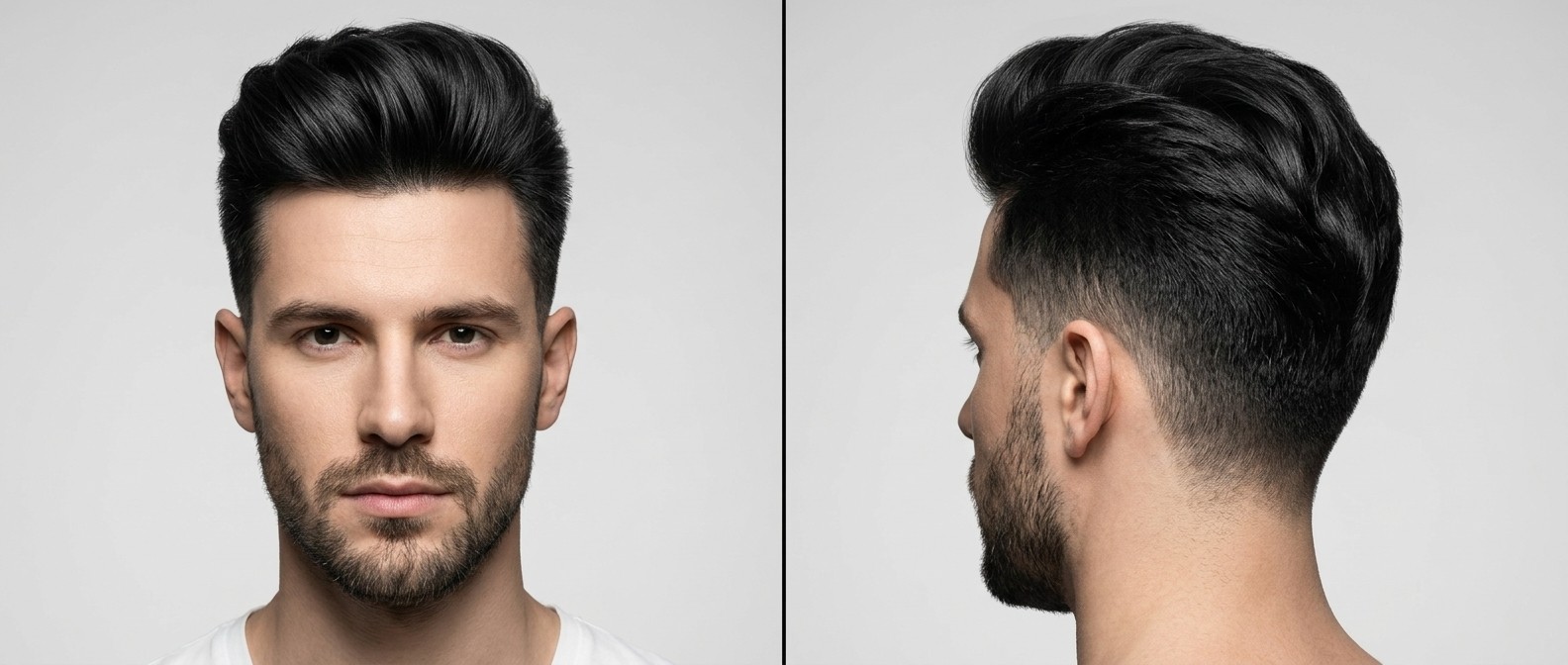 Caucasian man aged 25-35 with a short beard showcasing a high-volume swept-back blowout hairstyle with tapered sides and straight black hair.