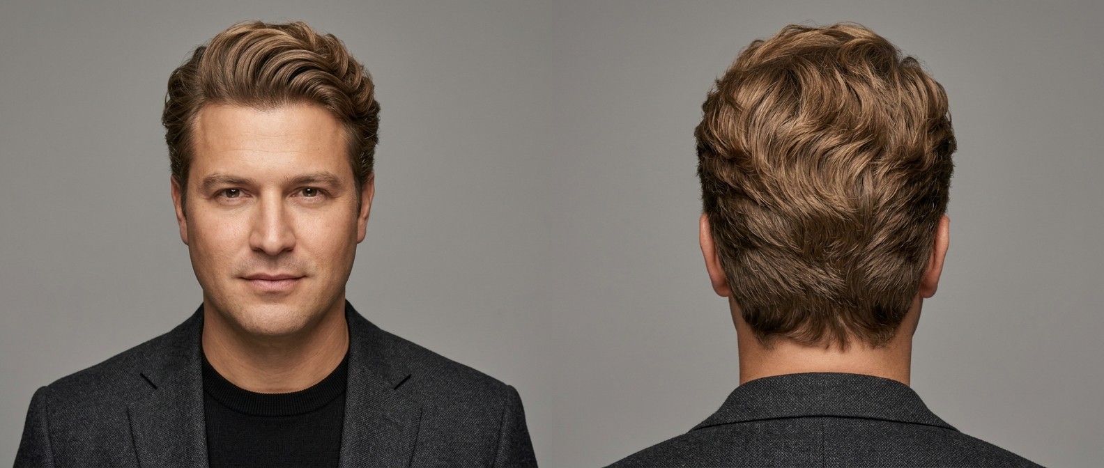 Mężczyzna w wieku 35-45 lat z jasnobrązowymi, falowanymi włosami ułożonymi w efektowny blowout.