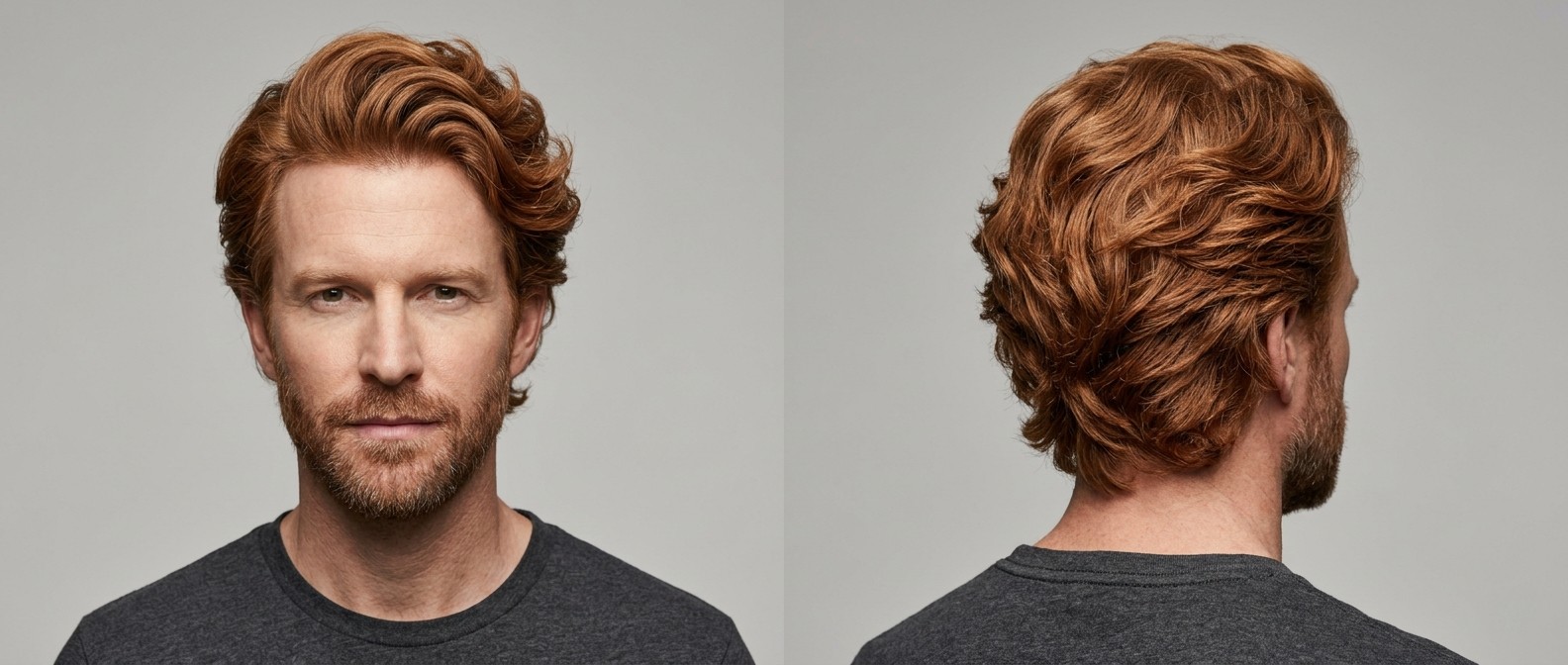 Mature man with thick, wavy red hair styled in a voluminous swept-back blowout, paired with a neat short beard against a gray background.