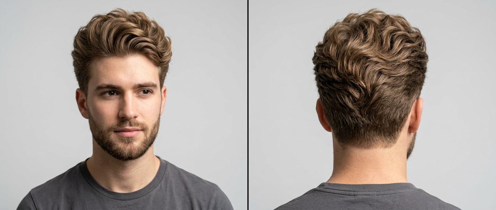 Young man with a wavy tapered blowout hairstyle, featuring short sides, a voluminous swept-back top, and a short beard on a light grey background.