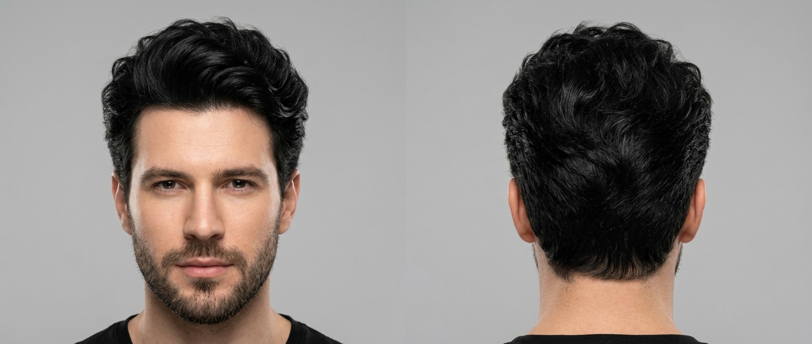 Front and back view of a Caucasian man with a wavy textured blowout hairstyle, featuring thick black hair, short tapered sides, and a short beard.