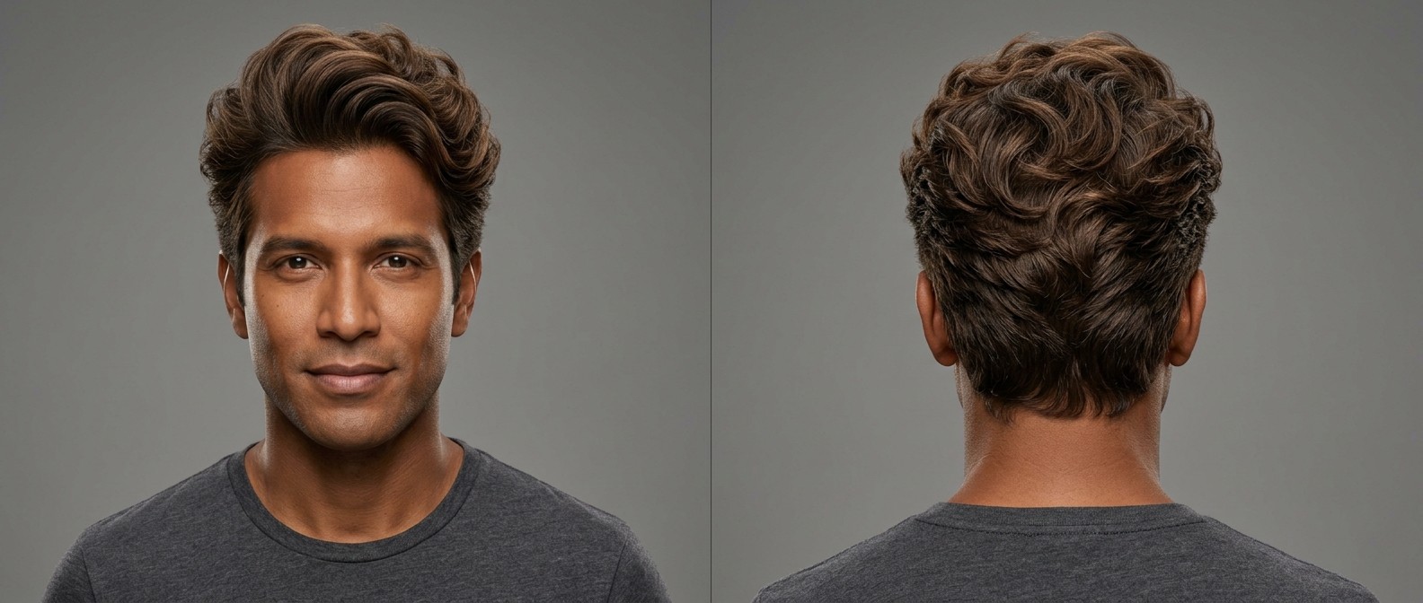 Widok z przodu i z tyłu na 35-45 letniego mężczyznę z gęstymi brązowymi włosami ułożonymi w wavy blowout z cieniowanymi bokami.