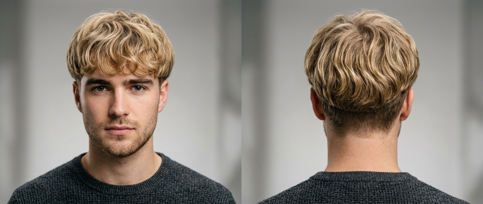 Joven con bowl cut moderno, ondulado y rubio, con flequillo texturizado y undercut degradado.