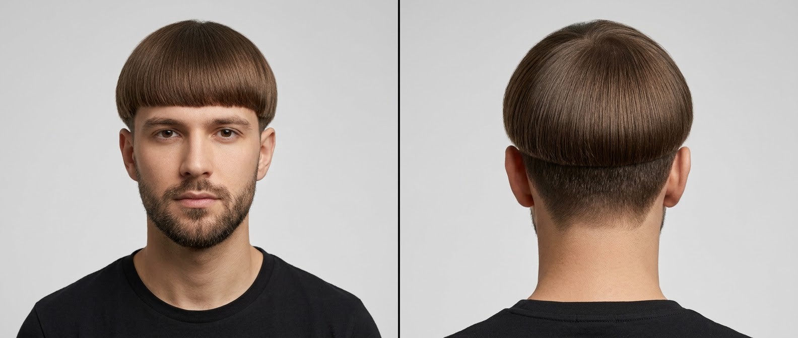 Front and back view of a young man with a precision disconnected bowl cut, featuring a blunt fringe, straight brown hair, and a short beard.