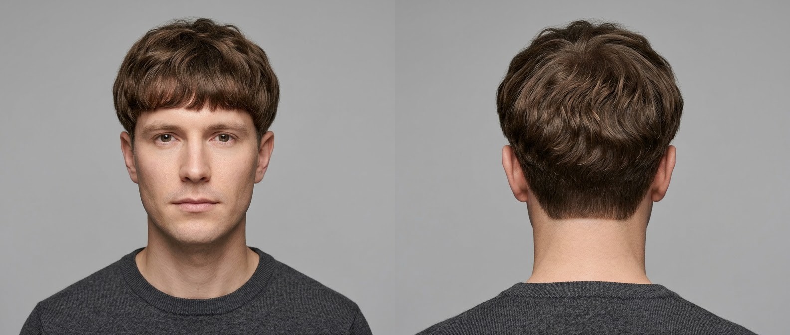 Vista frontal y posterior de un hombre joven con corte tazón moderno texturizado, cabello castaño ondulado, flequillo despuntado y laterales con taper suave.