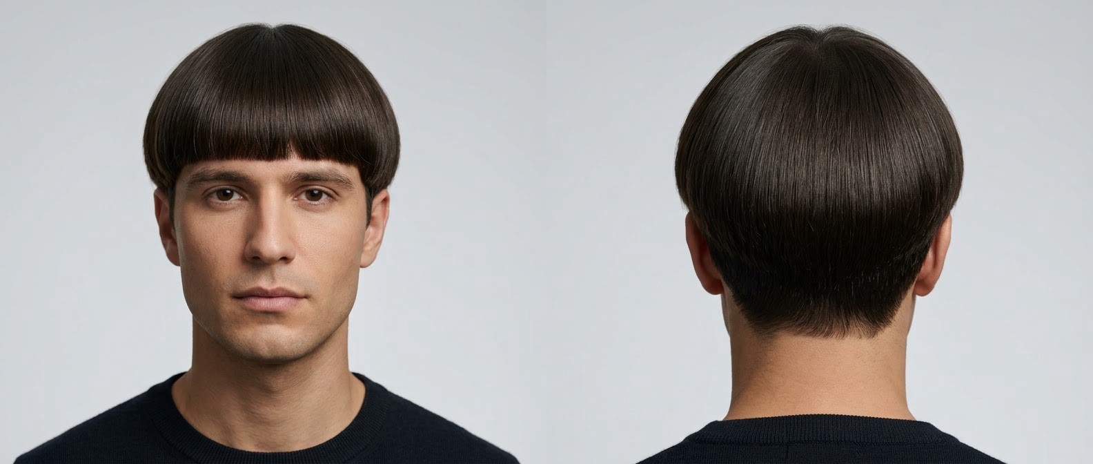 Vue de face et de dos d'un jeune homme aux cheveux bruns portant une coupe au bol classique avec frange droite et nuque effilée.
