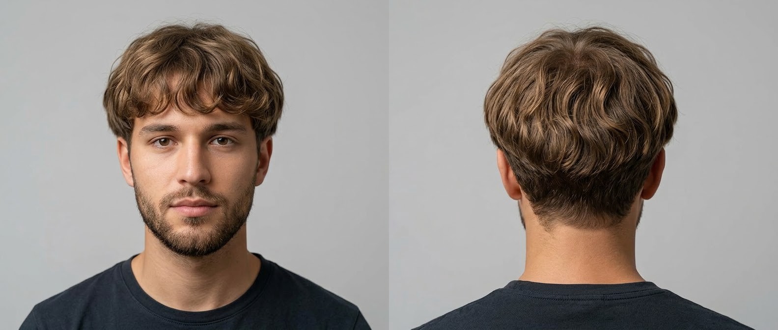 Jeune homme portant une coupe au bol moderne et ondulée avec frange texturée, cheveux châtains épais et barbe courte sur fond gris.
