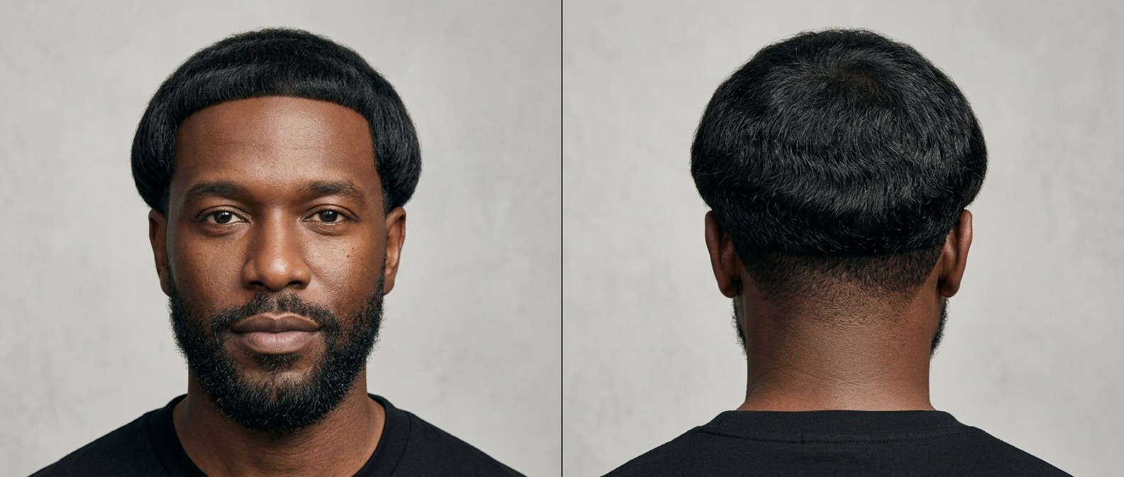 Widok z profilu na stylowego mężczyznę z falistym cięciem bowl cut, prostą grzywką, wygolonymi bokami i zadbaną brodą.